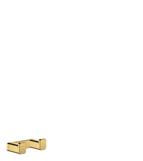 Handtuchhaken von Hansgrohe in Polished Gold Optic, doppelt ausgeführt, mit rechteckigen Enden für die Befestigung an der Wand.